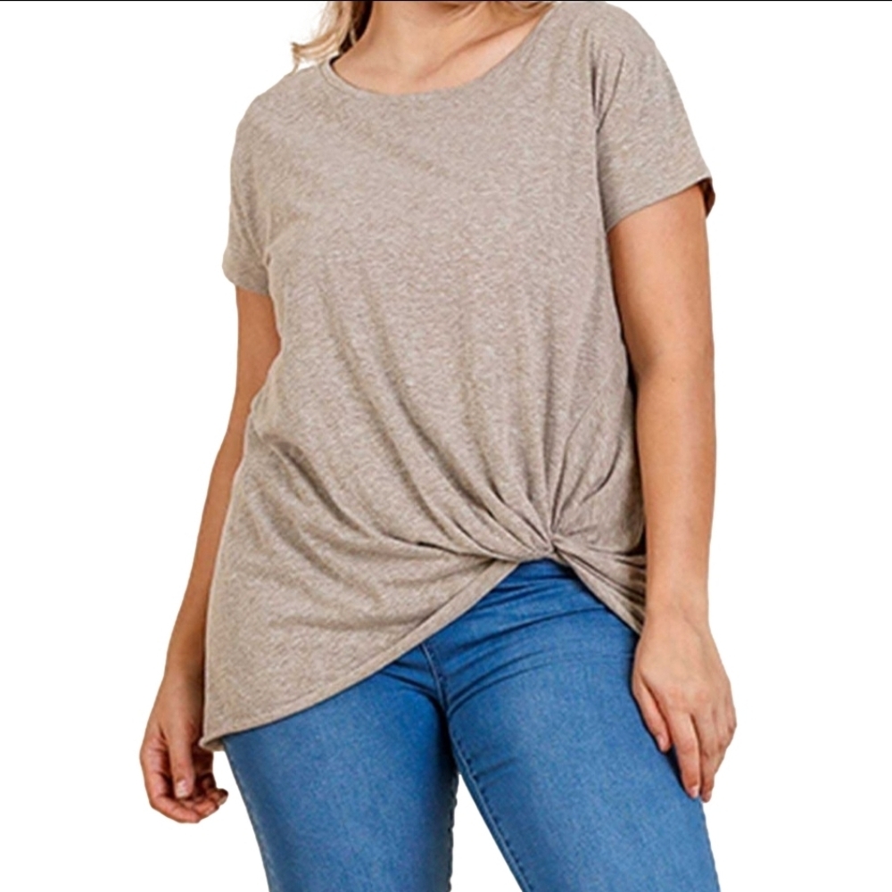 Umgee Marled Gray Gathered Raw Hemline Short Sleeve Tee Shirt Top